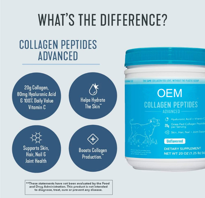 OEM Peptides van het Leveringscollageen Poeder met Hyaluronic Zuur en Vitamine C Unflavored 20 oz 10 oz